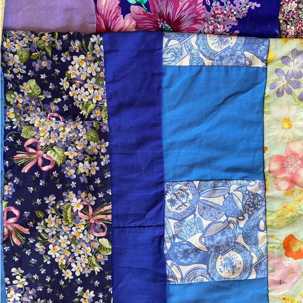 Handmade 90s Patchwork Quilt Top 100x68 Blue Purple Floral Cotton Strip Pieced